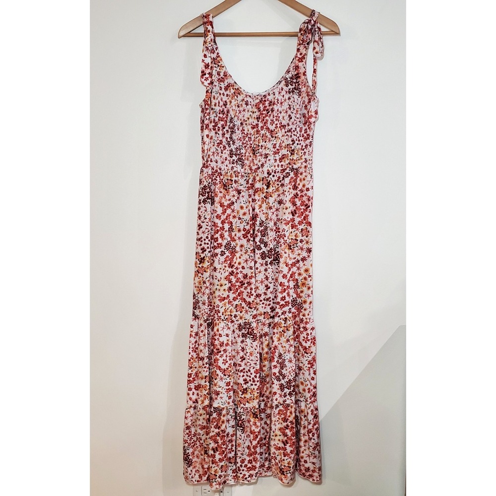 Bailey Blue Floral Smocked Tiered Maxi Dress Women's Size Large Tie Strap Red
